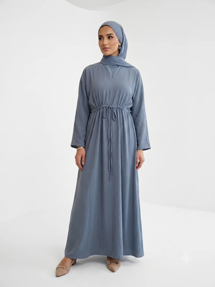 Pigeon Blue Closed Abaya - Plain Crushed Polyester with Drawstring Waist