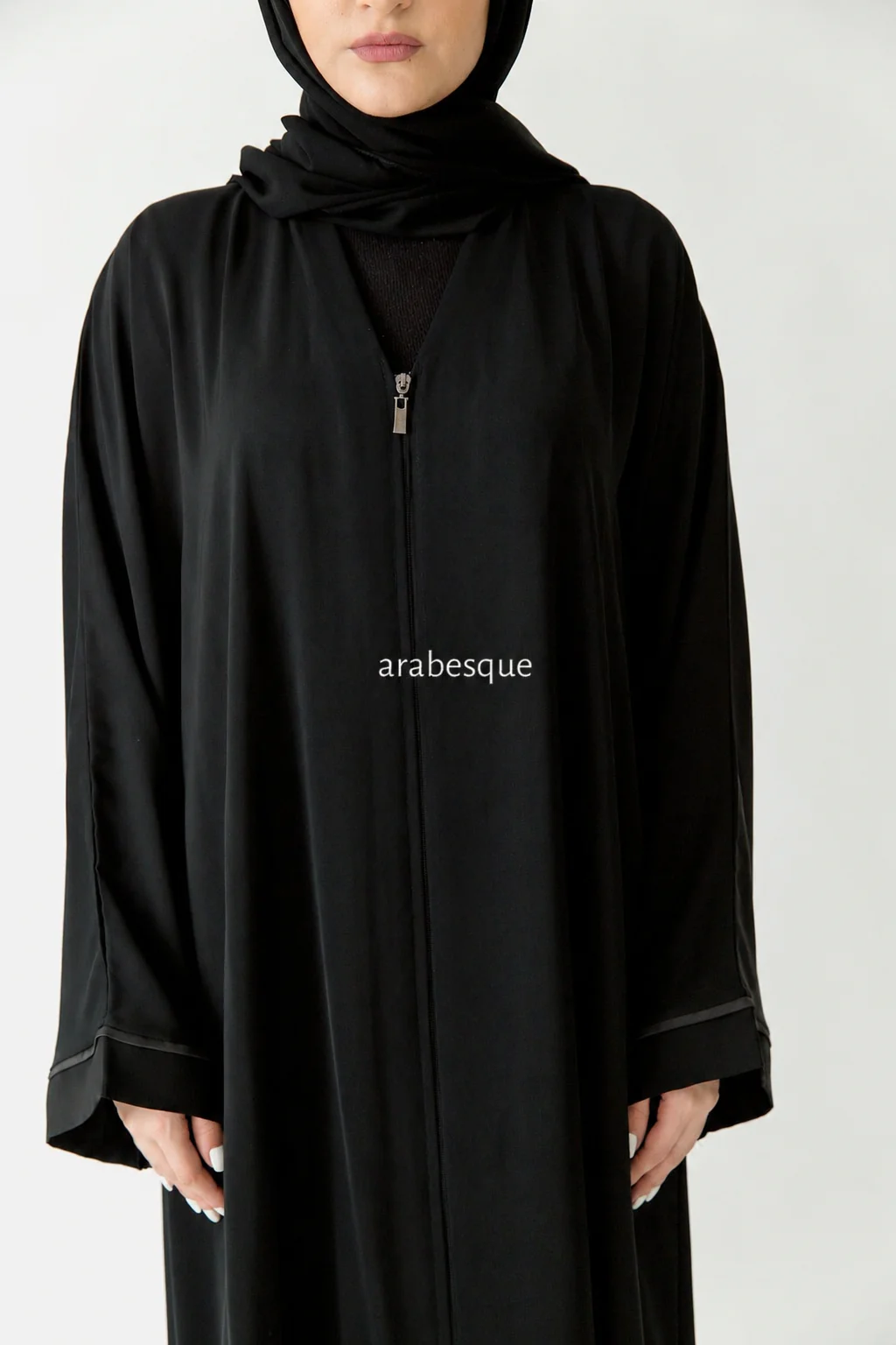 Premium Black Zip Abaya – Line Border Sleeves Design with Pocket - Image 2
