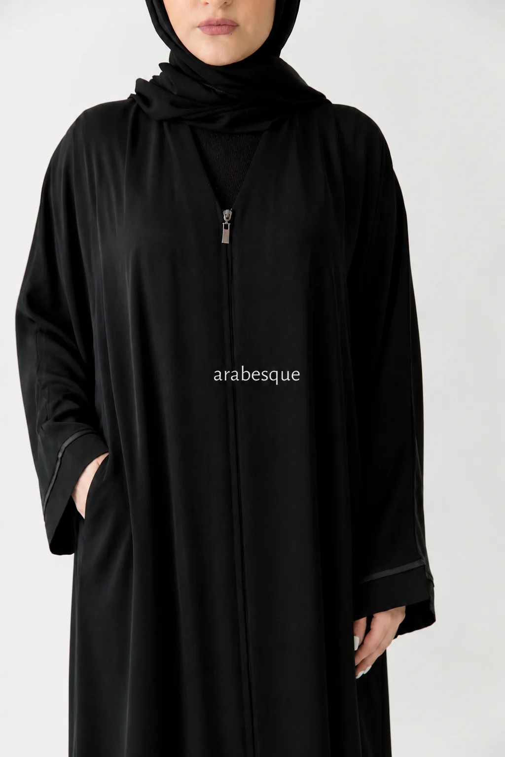 Premium Black Zip Abaya – Line Border Sleeves Design with Pocket - Image 3