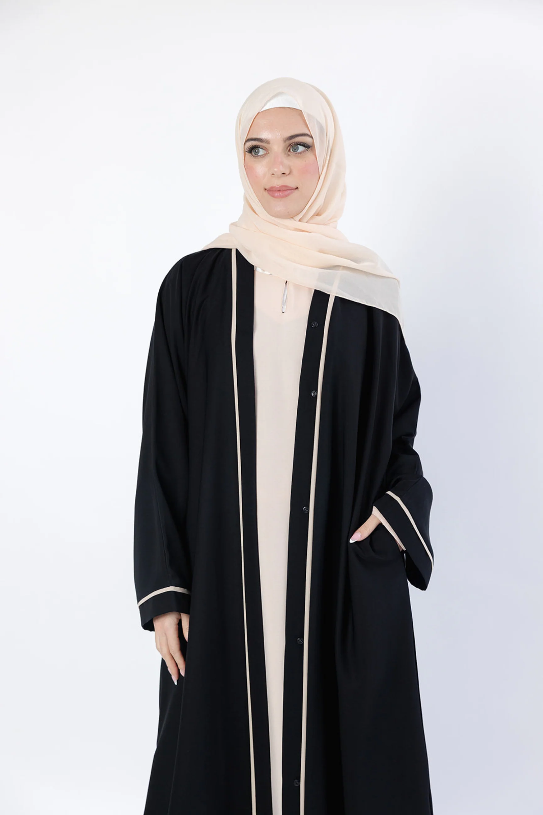 Premium Black Open Abaya – Cream Line Border Design with Pocket and Matching Scarf - Image 2