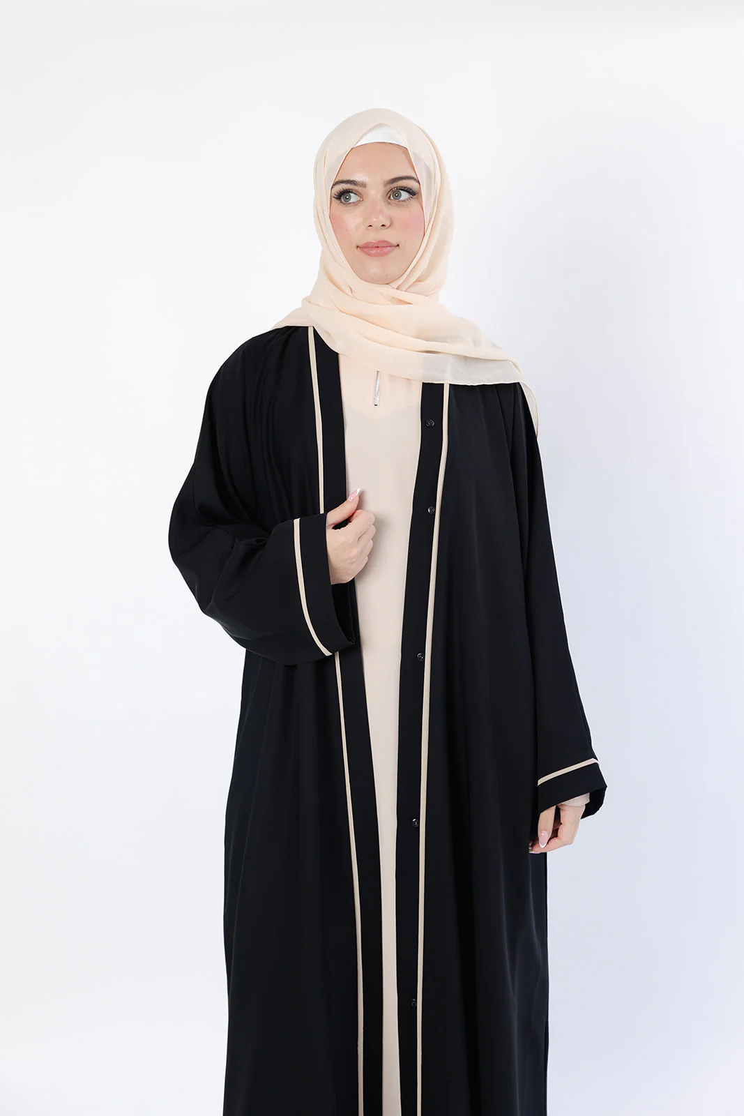 Premium Black Open Abaya – Cream Line Border Design with Pocket and Matching Scarf - Image 3