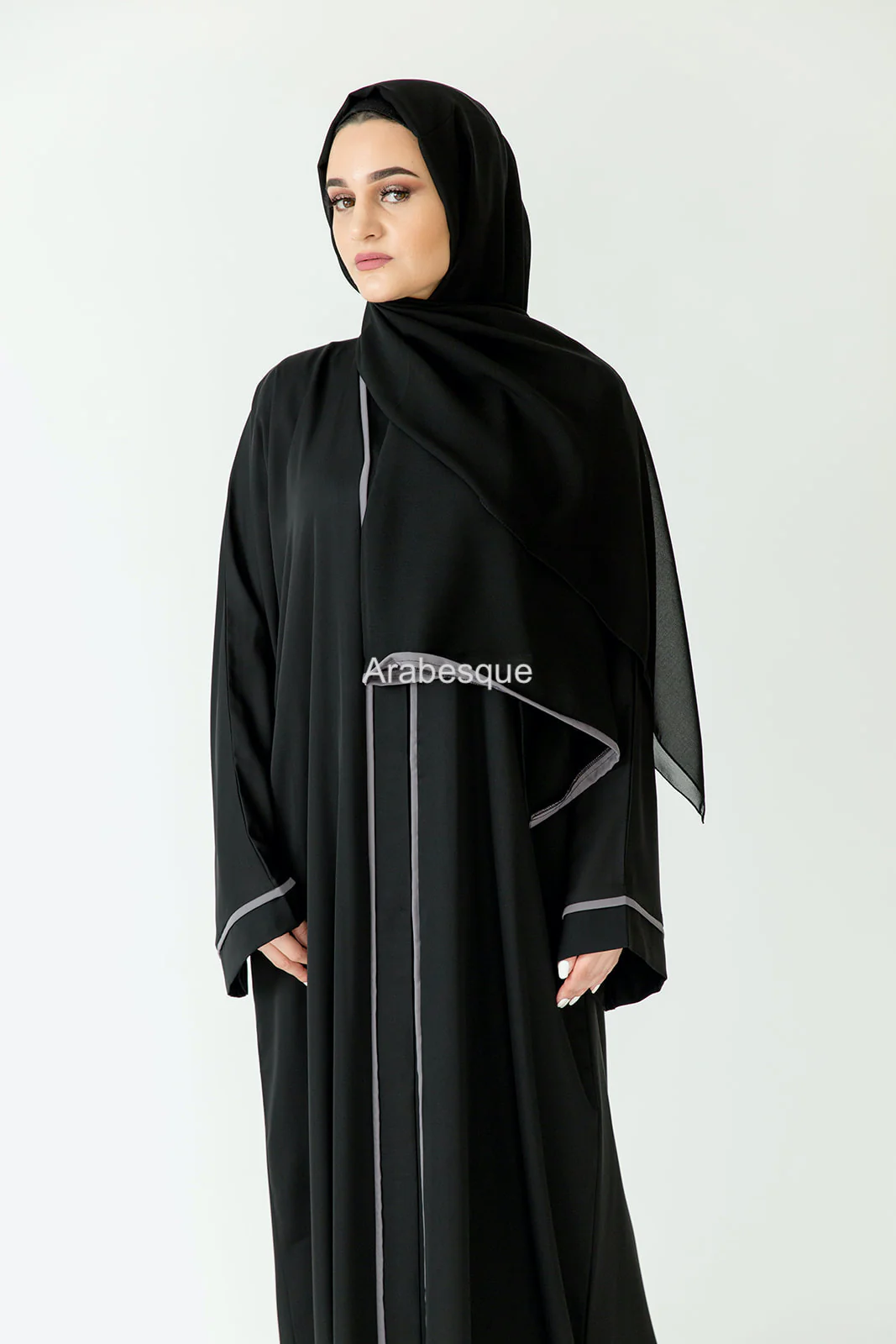 Premium Black Open Abaya - Grey Line Border Design - Image 4