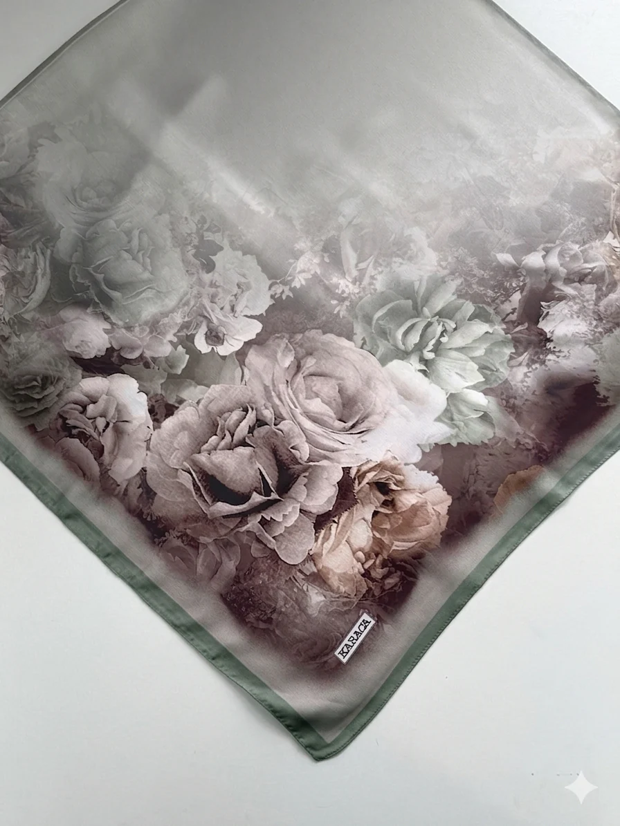 Premium Karaca 140cm Square Colourful Flowers Satin Hijab - Image 3