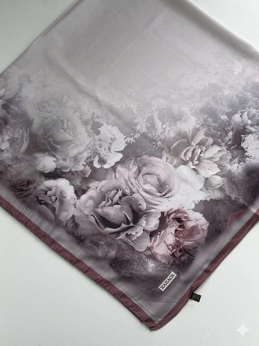 Premium Karaca 140cm Square Colourful Flowers Satin Hijab - Image 8