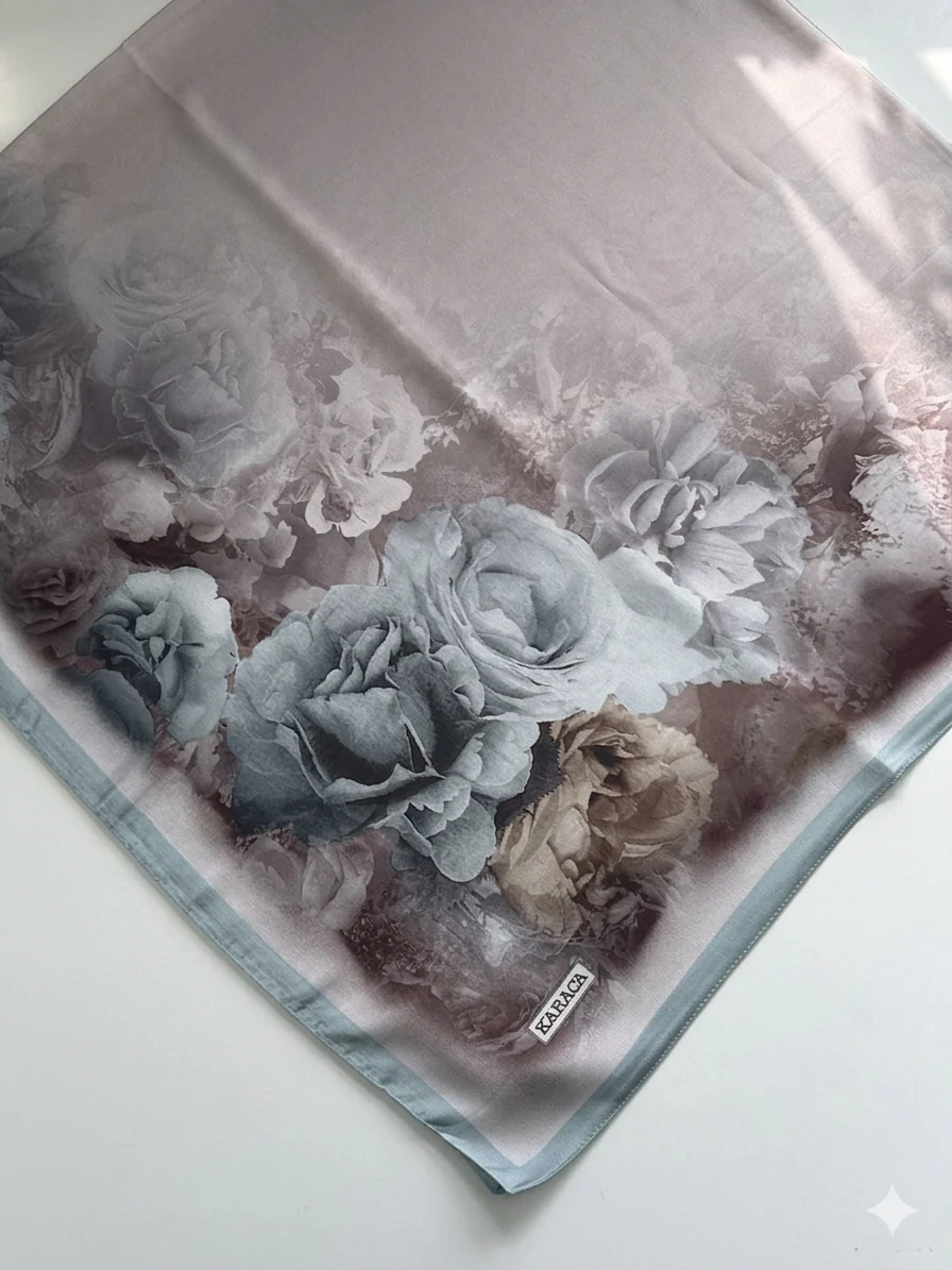 Premium Karaca 140cm Square Colourful Flowers Satin Hijab - Image 9