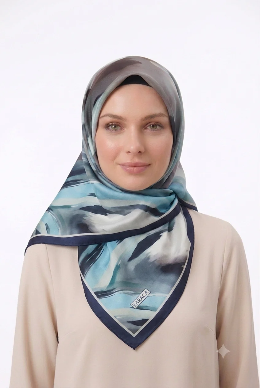 Premium Karaca 140cm Square Watercolour Brushstroke Print Satin Hijab - Image 11