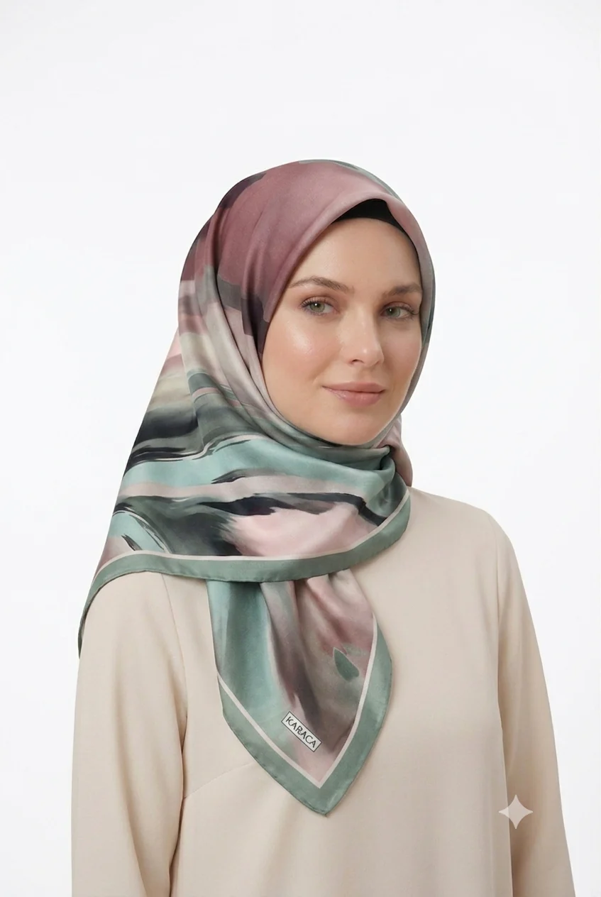 Premium Karaca 140cm Square Watercolour Brushstroke Print Satin Hijab - Image 3