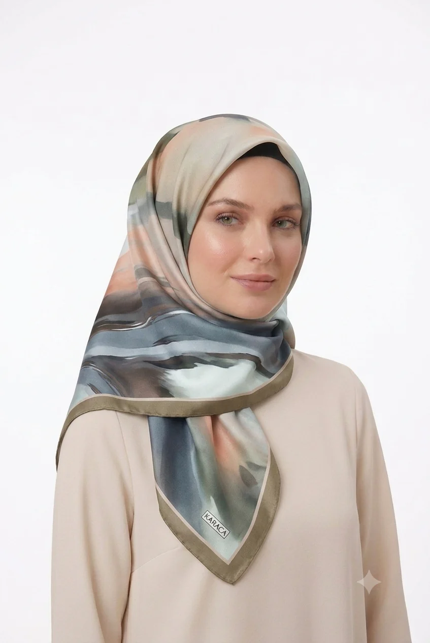 Premium Karaca 140cm Square Watercolour Brushstroke Print Satin Hijab - Image 4