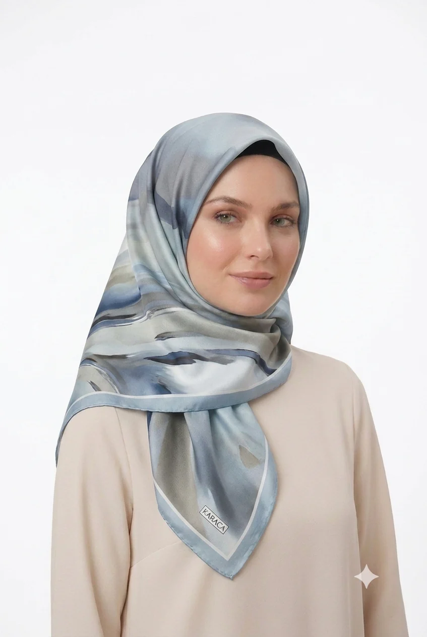 Premium Karaca 140cm Square Watercolour Brushstroke Print Satin Hijab - Image 5