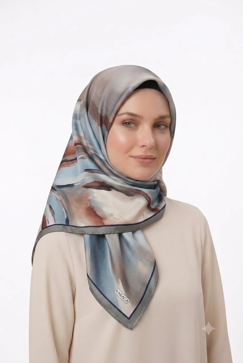 Premium Karaca 140cm Square Watercolour Brushstroke Print Satin Hijab - Image 6