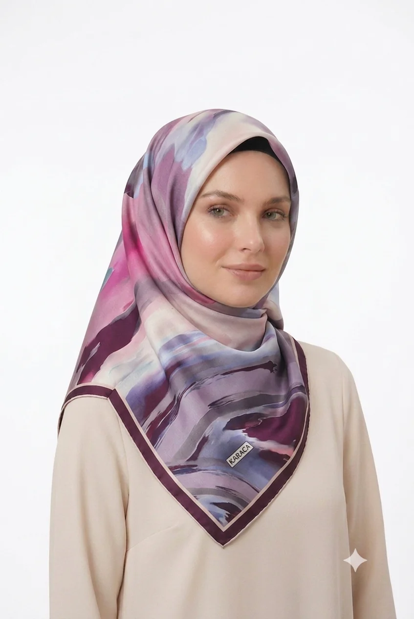 Premium Karaca 140cm Square Watercolour Brushstroke Print Satin Hijab - Image 7