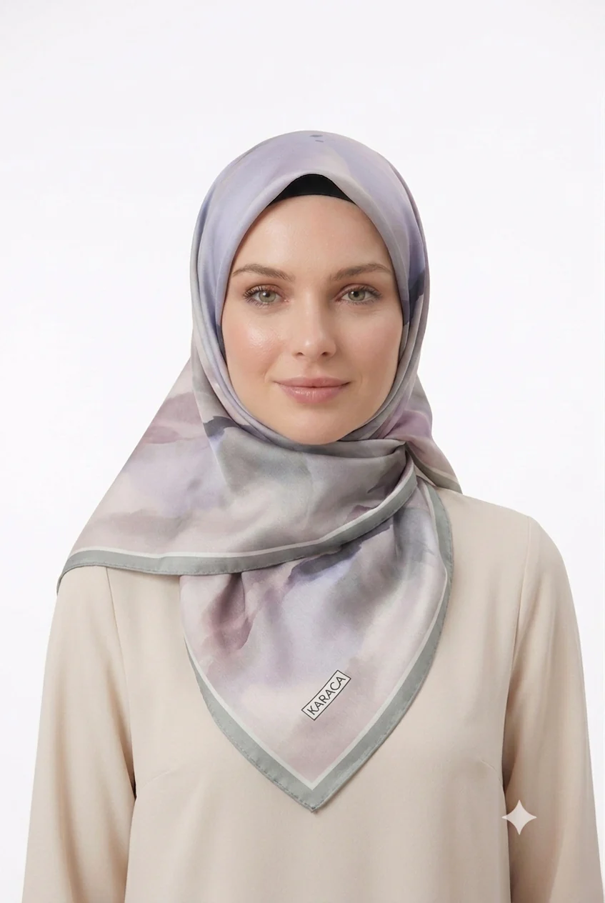 Premium Karaca 140cm Square Watercolour Brushstroke Print Satin Hijab - Image 8