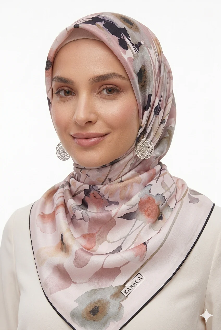 Premium Karaca Delicate Floral Pattern 120cm Soft Chiffon Square Hijab - Image 3