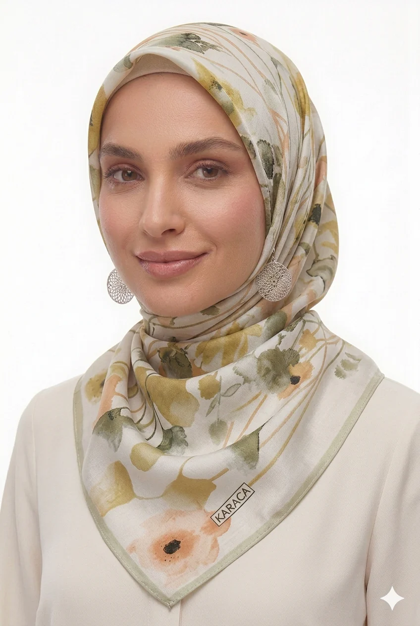 Premium Karaca Delicate Floral Pattern 120cm Soft Chiffon Square Hijab - Image 4