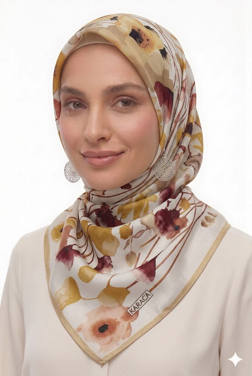 Premium Karaca Delicate Floral Pattern 120cm Soft Chiffon Square Hijab - Image 8