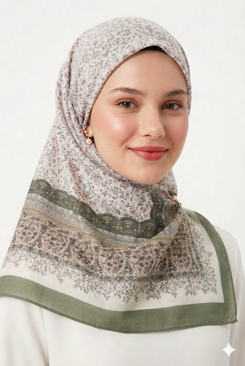 Premium Karaca Floral Design with Detailed Border 120cm Soft Chiffon Square Hijab - Image 2
