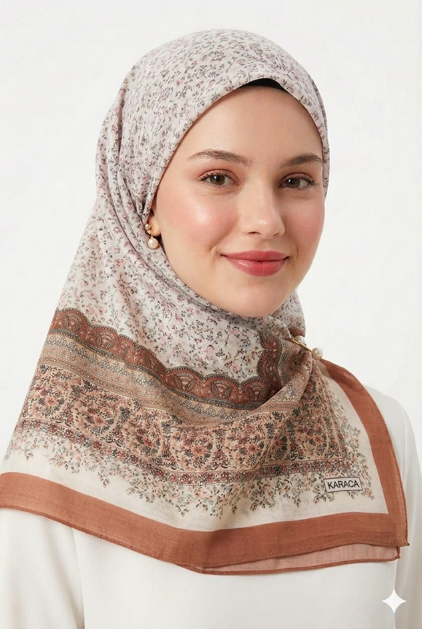 Premium Karaca Floral Design with Detailed Border 120cm Soft Chiffon Square Hijab - Image 3