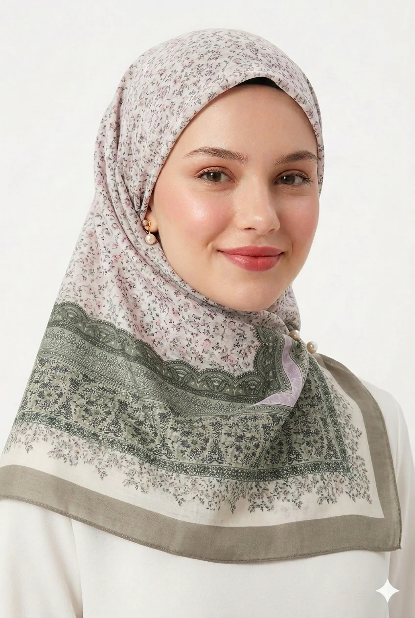Premium Karaca Floral Design with Detailed Border 120cm Soft Chiffon Square Hijab - Image 4