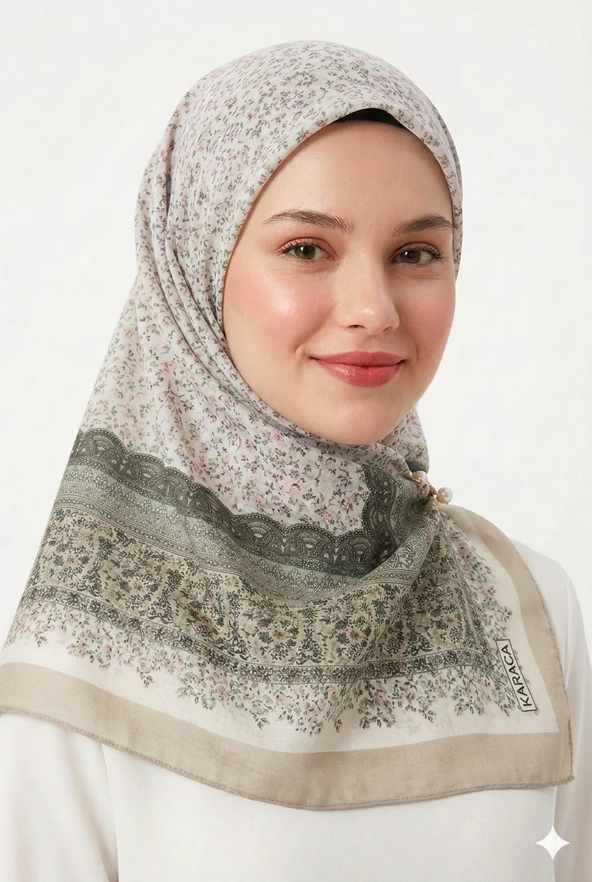Premium Karaca Floral Design with Detailed Border 120cm Soft Chiffon Square Hijab - Image 5