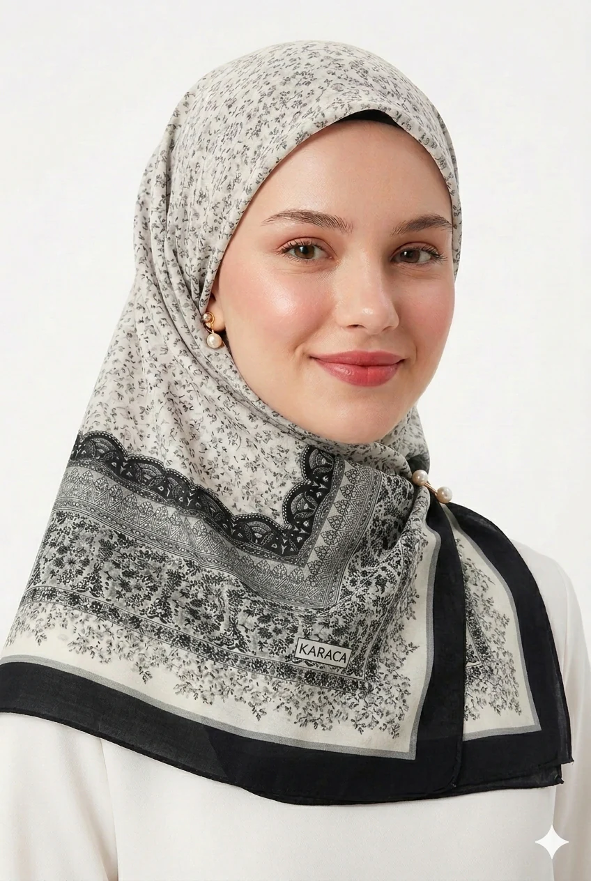 Premium Karaca Floral Design with Detailed Border 120cm Soft Chiffon Square Hijab - Image 7