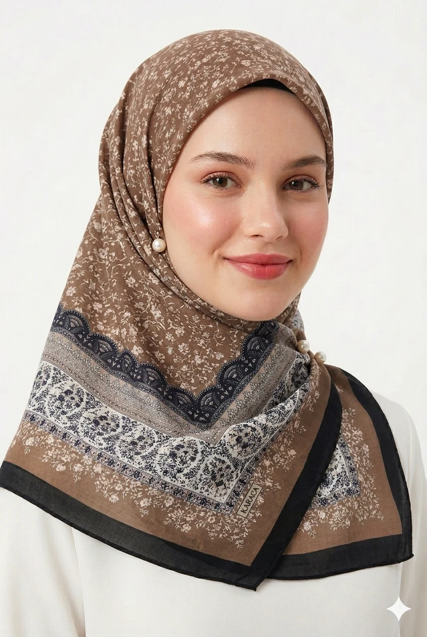 Premium Karaca Floral Design with Detailed Border 120cm Soft Chiffon Square Hijab - Image 9