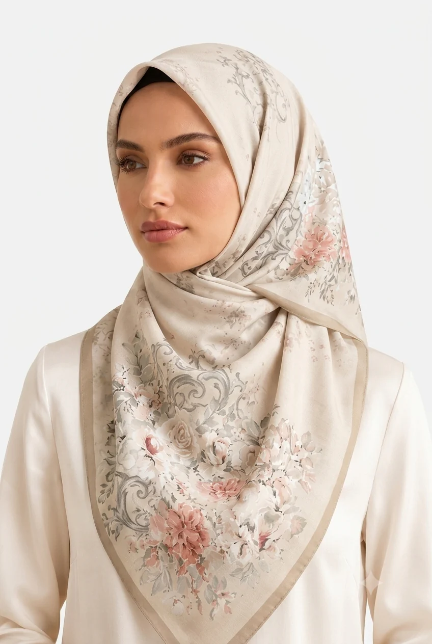 Premium Karaca Japanese flowers Pattern 120cm Choffon Square Hijab - Image 11