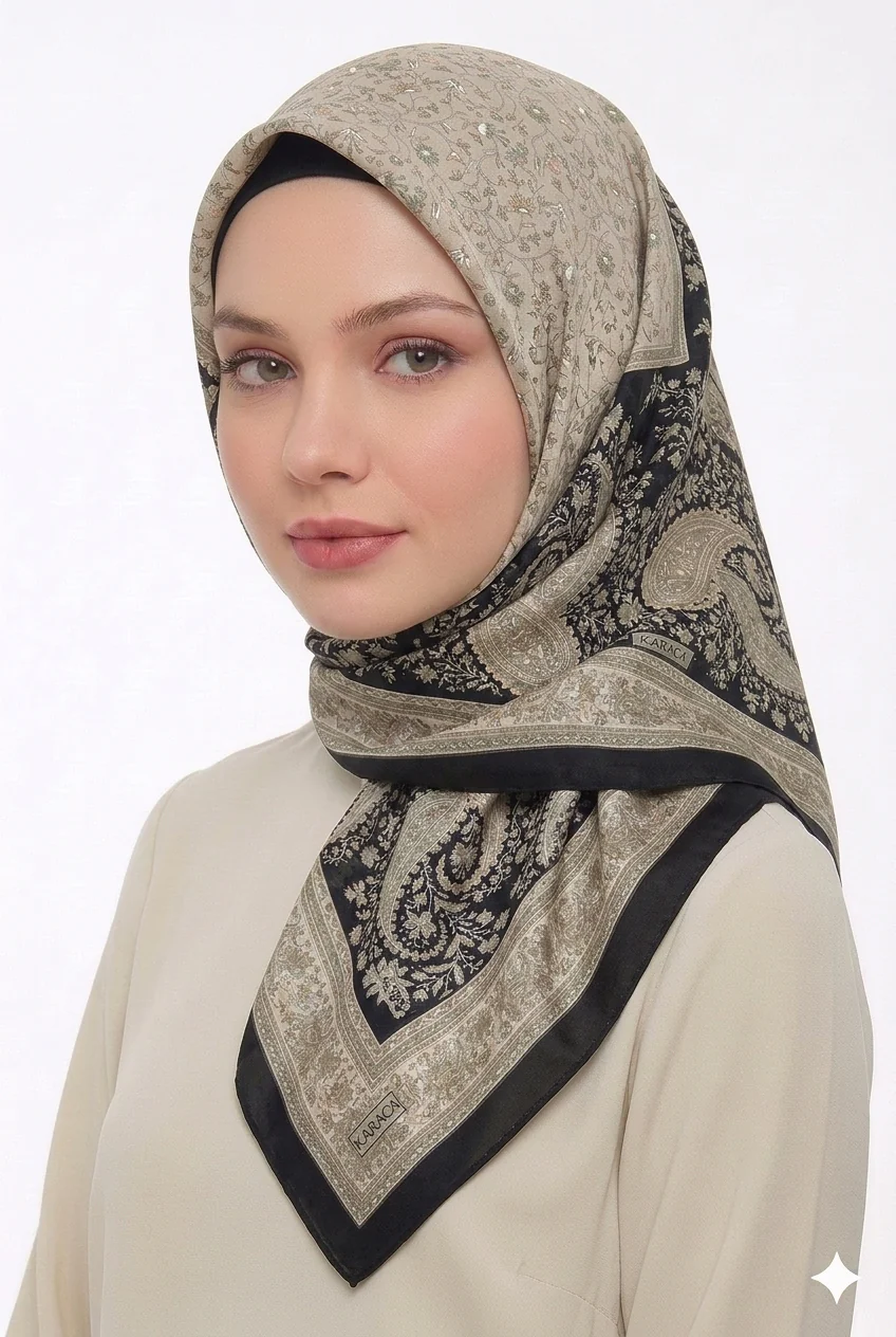 Premium Karaca Paisley and Floral Patterns 120cm Soft Chiffon Square Hijab - Image 10