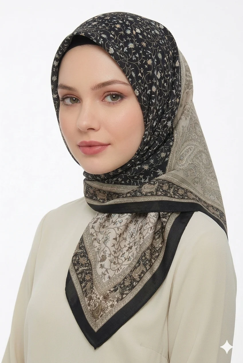 Premium Karaca Paisley and Floral Patterns 120cm Soft Chiffon Square Hijab - Image 3