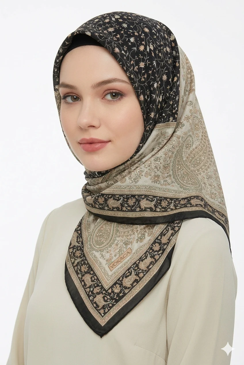 Premium Karaca Paisley and Floral Patterns 120cm Soft Chiffon Square Hijab - Image 4