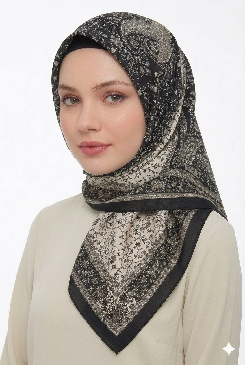 Premium Karaca Paisley and Floral Patterns 120cm Soft Chiffon Square Hijab - Image 5