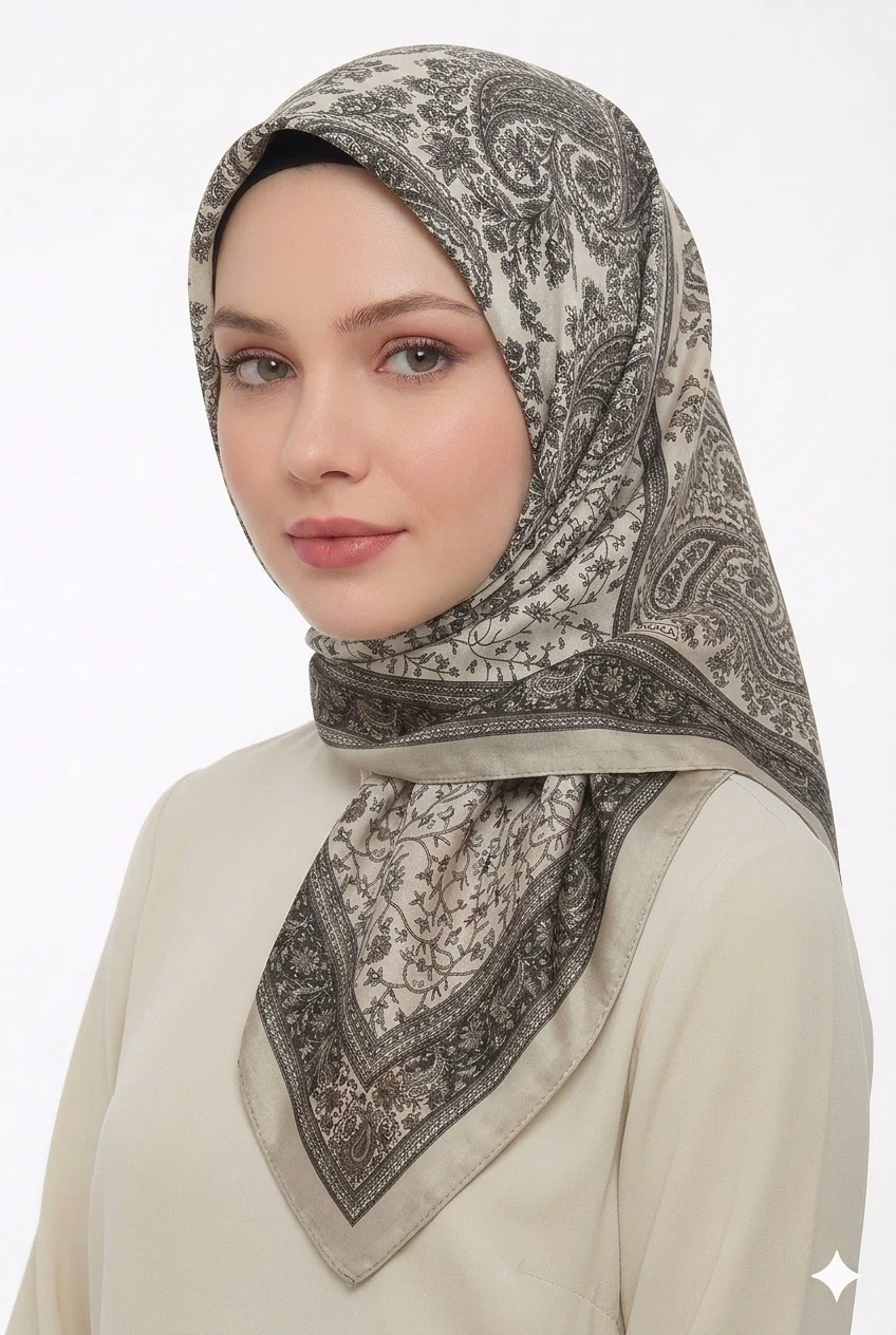 Premium Karaca Paisley and Floral Patterns 120cm Soft Chiffon Square Hijab - Image 6