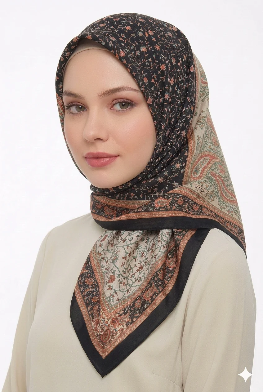 Premium Karaca Paisley and Floral Patterns 120cm Soft Chiffon Square Hijab - Image 7