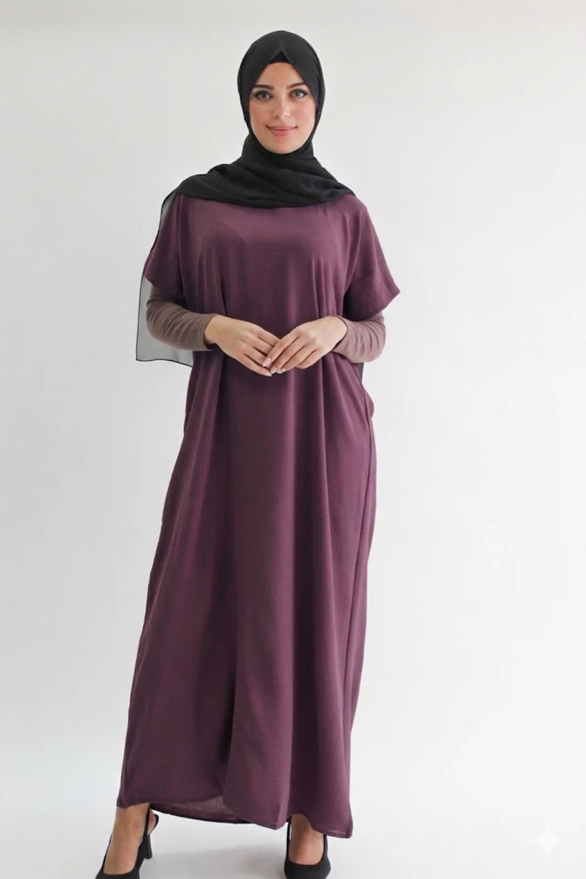 Purple Crushed Polyester Short Sleeved Dress