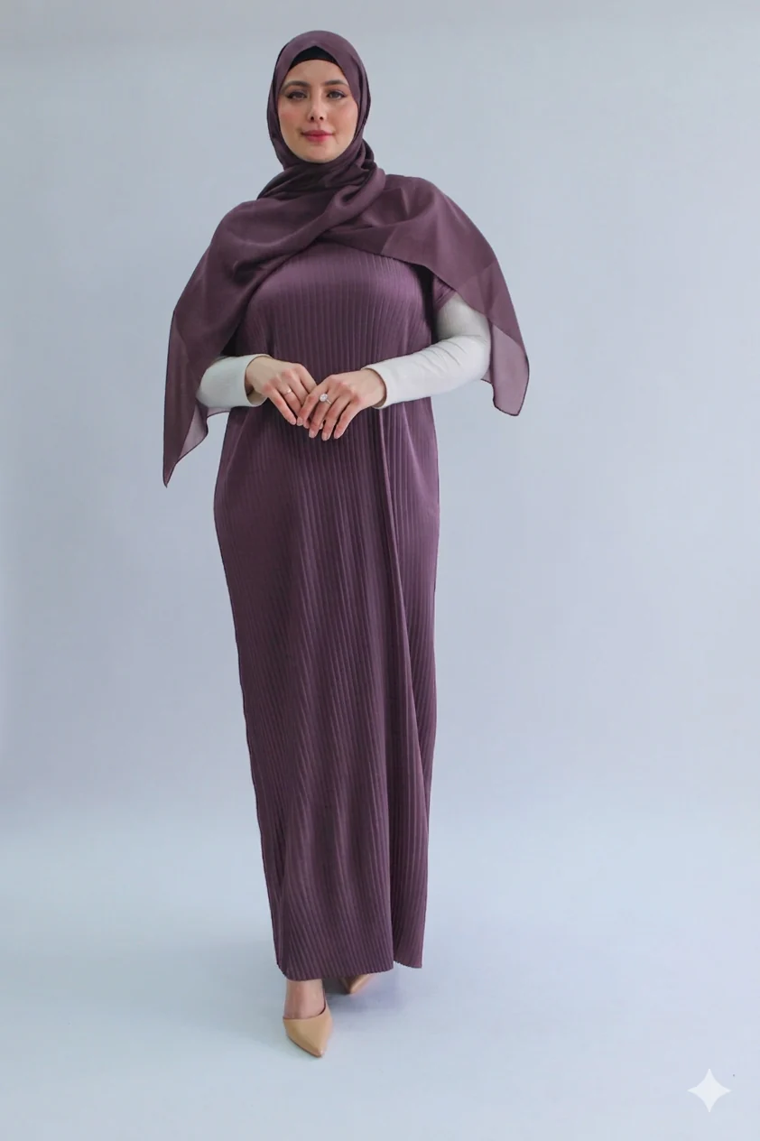 Purple Pleated Short Sleeve Dress  - Silky Ripple Satin