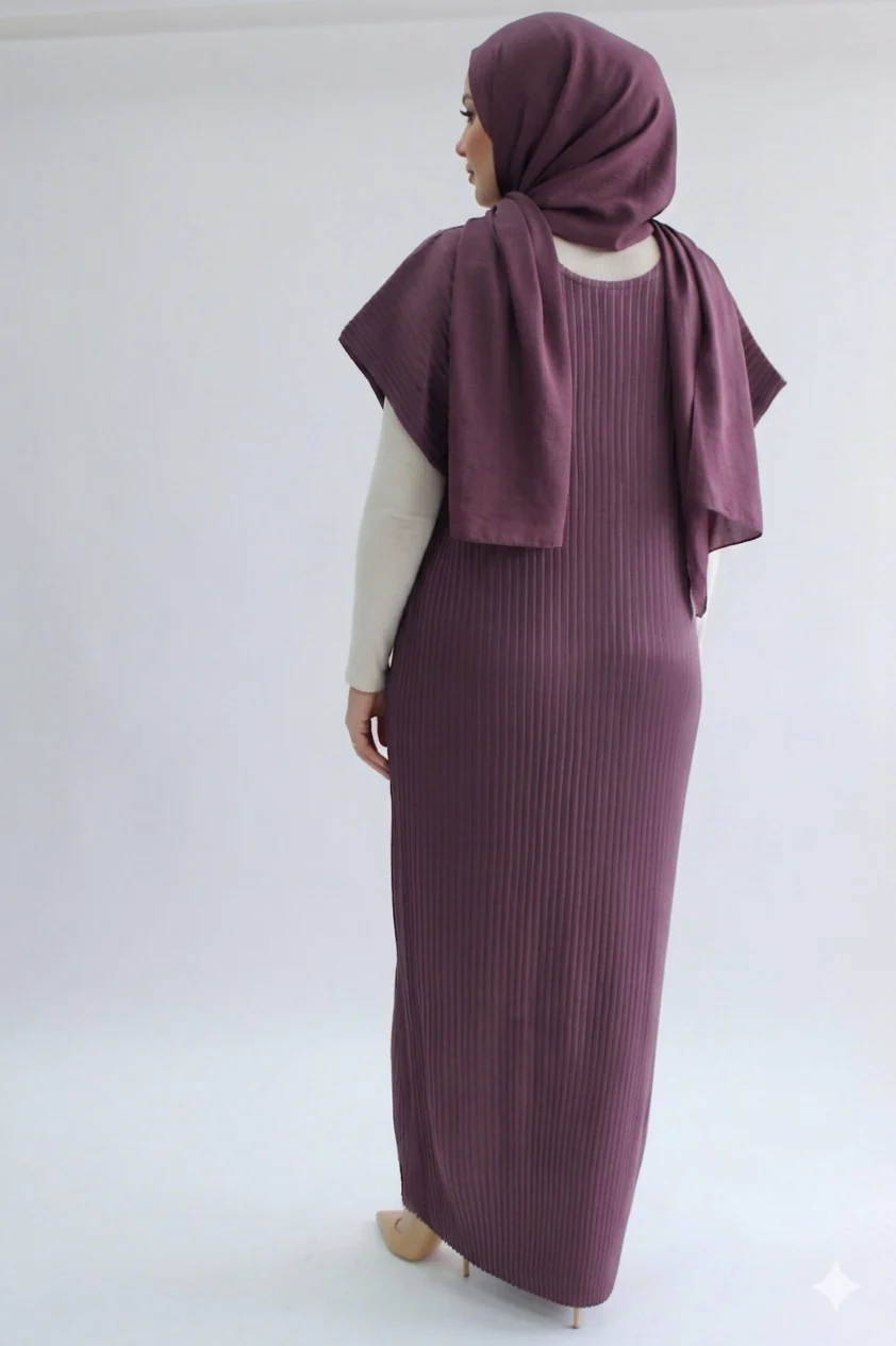 Purple Pleated Short Sleeve Dress  - Silky Ripple Satin - Image 3