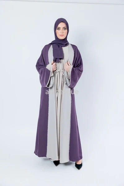 Reversible Purple & Stone Abaya - Luxury Open Design