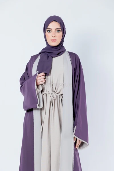 Reversible Purple & Stone Abaya - Luxury Open Design - Image 3