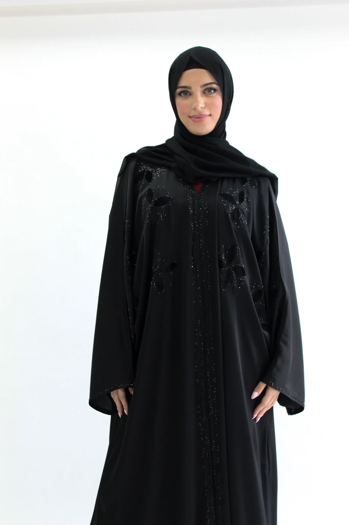 Black Batwing Open Abaya – Ripple Satin Fabric with Floral Diamante Detailing - Image 3