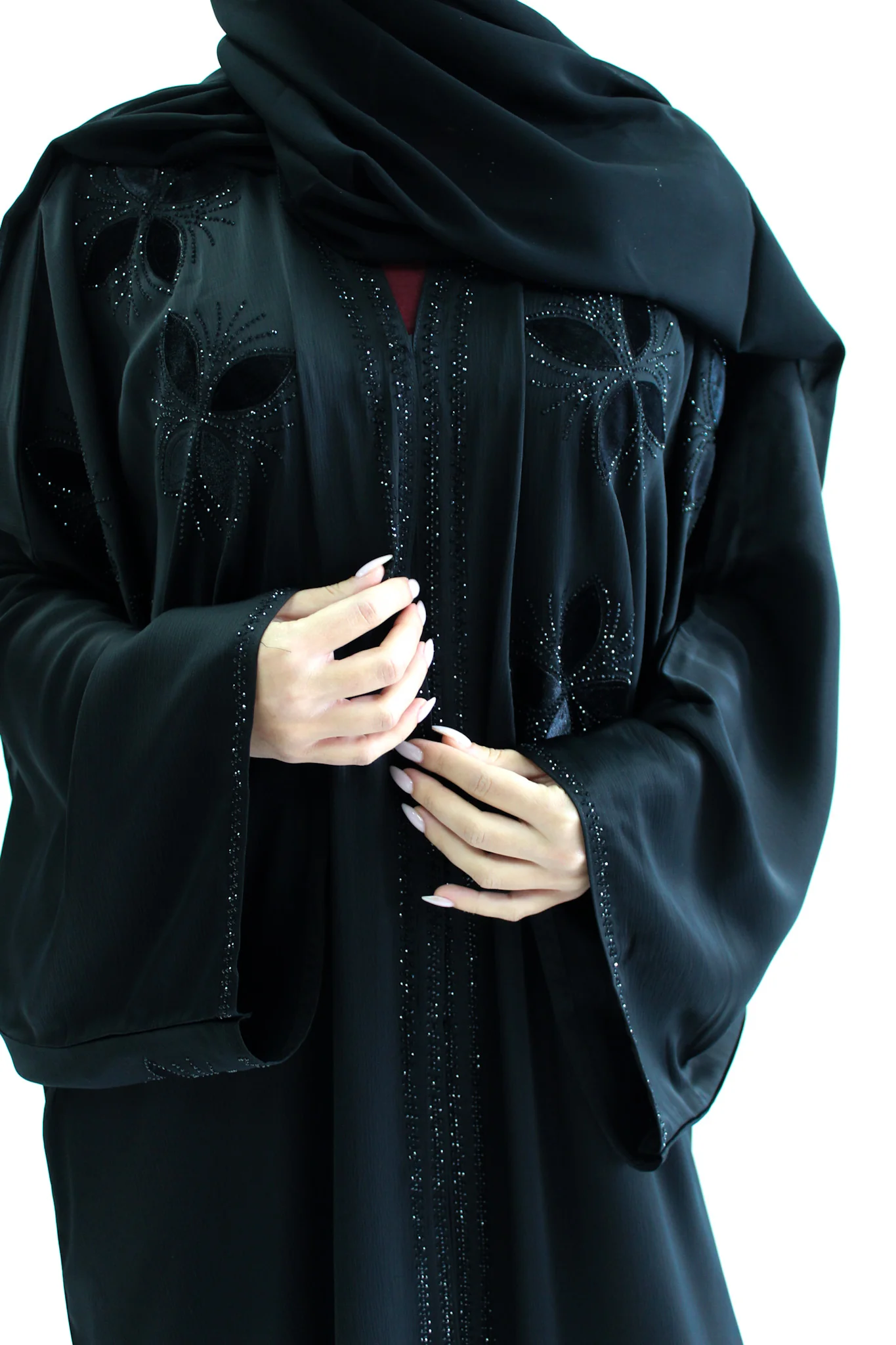 Black Batwing Open Abaya – Ripple Satin Fabric with Floral Diamante Detailing - Image 4
