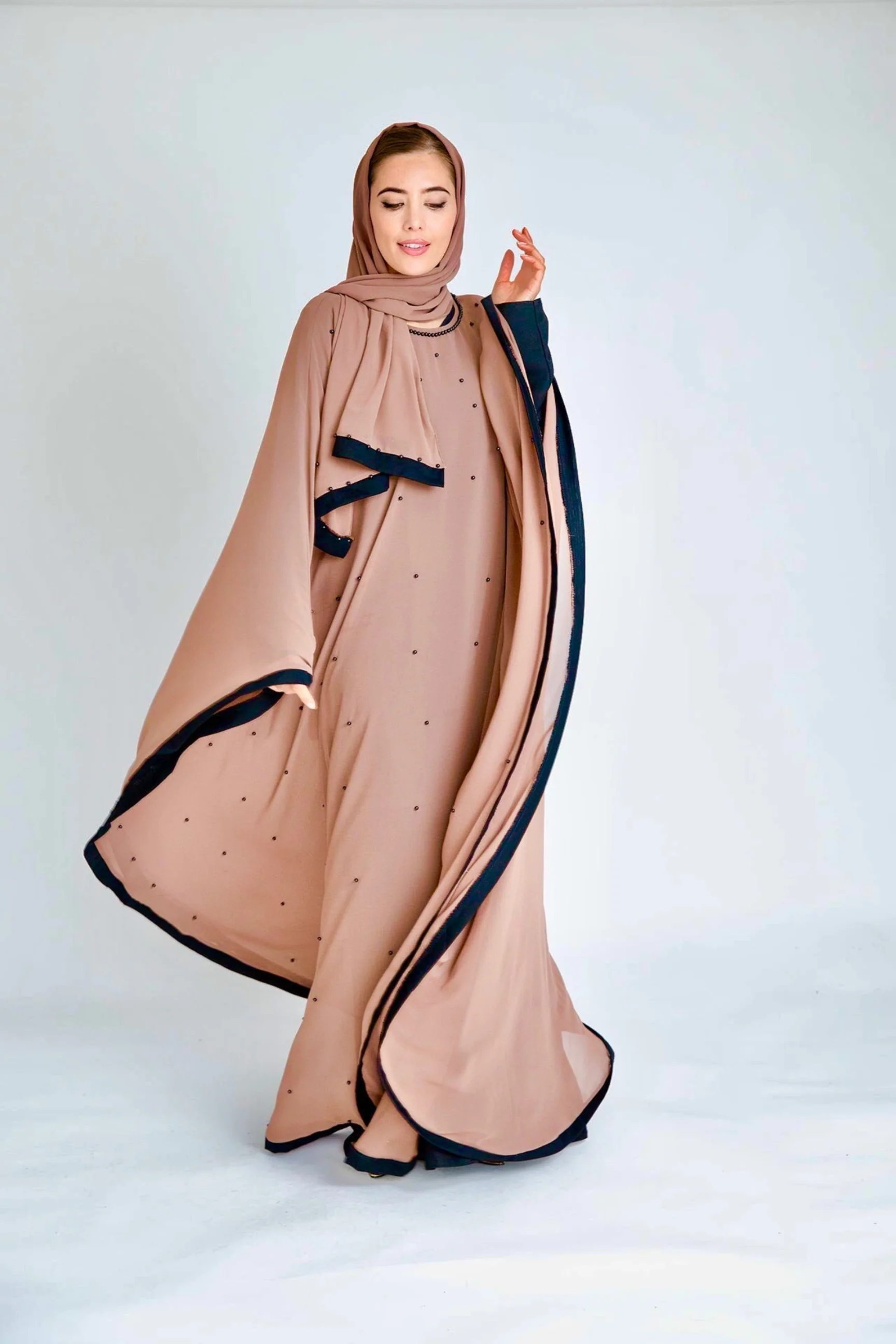 Rose Gold Pearl Taupe Batwing Abaya - Image 3