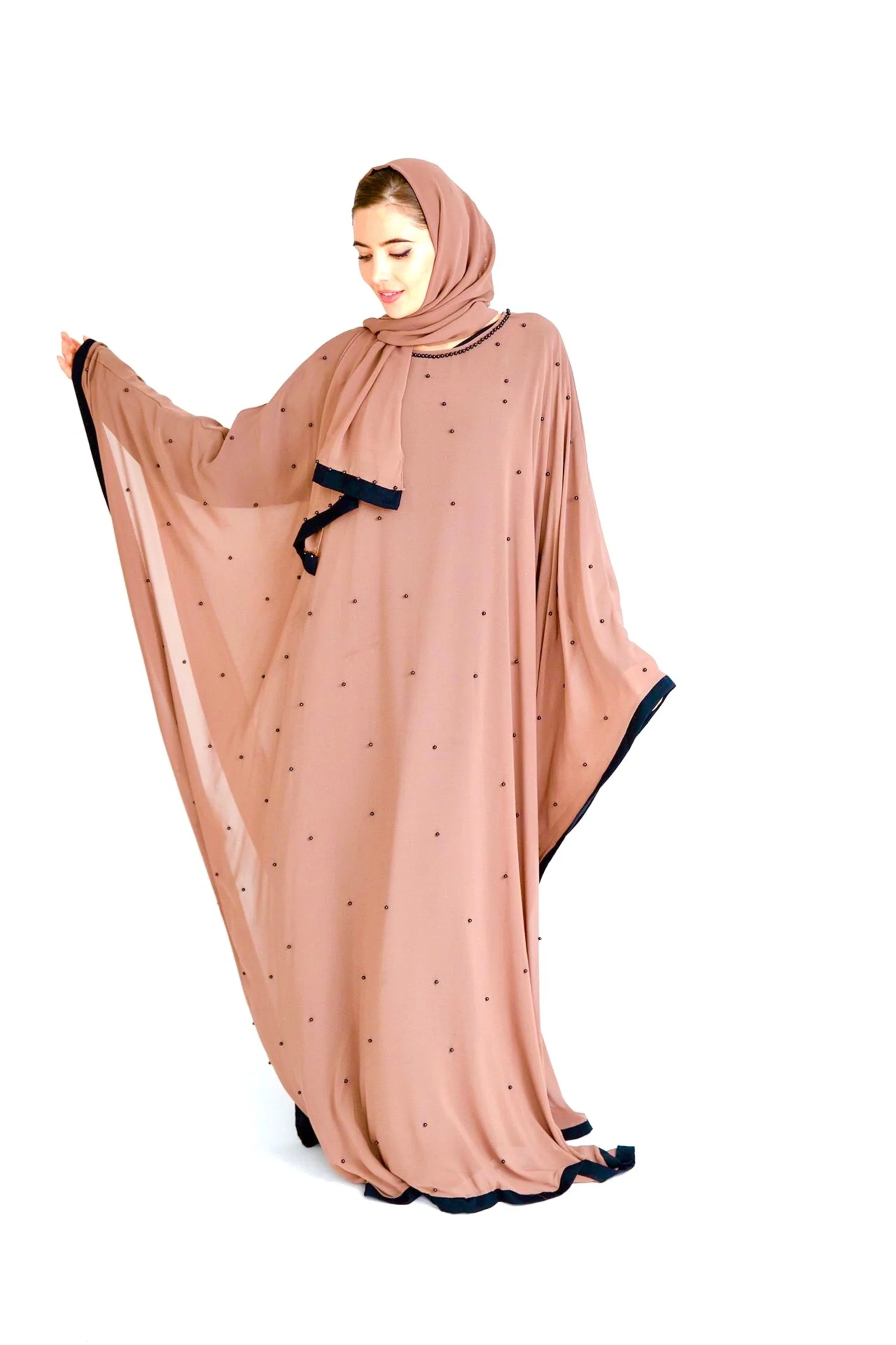 Rose Gold Pearl Taupe Batwing Abaya - Image 4
