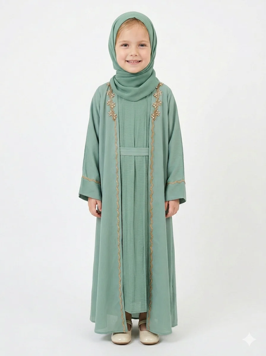 Sage Green Embellished Children Double Abaya