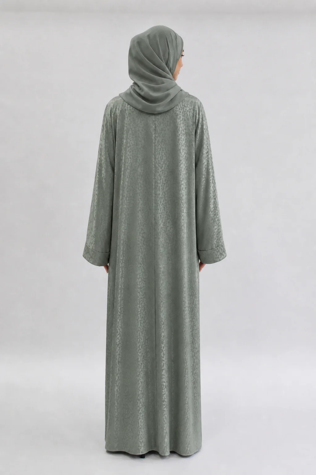 Sage Green Open Silky Abaya – Leopard Print - Image 2