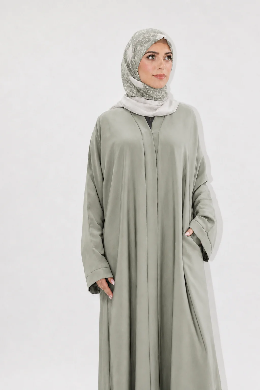 Sage Green Open Abaya - Premium Plain Nidha With Pocket & Wide Sleeves - Image 3