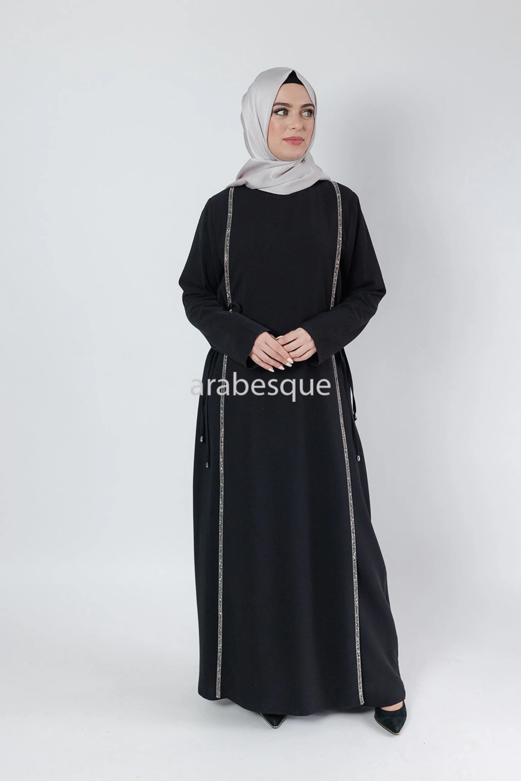 Black Double Abaya - Faux Closed Design With Diamante