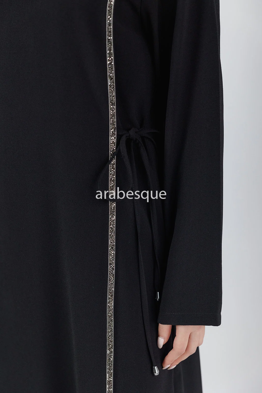 Black Double Abaya - Faux Closed Design With Diamante - Image 2