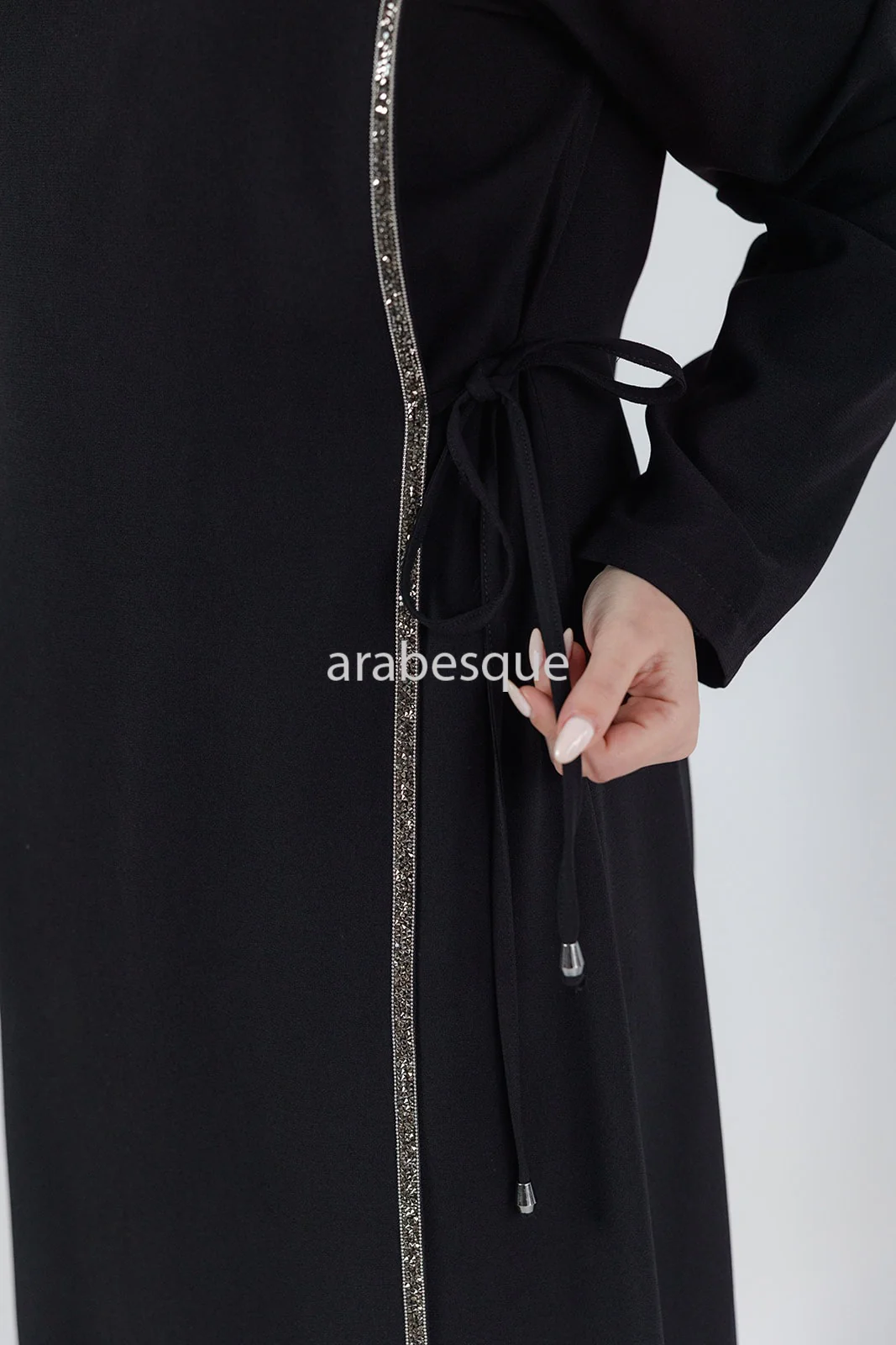 Black Double Abaya - Faux Closed Design With Diamante - Image 5