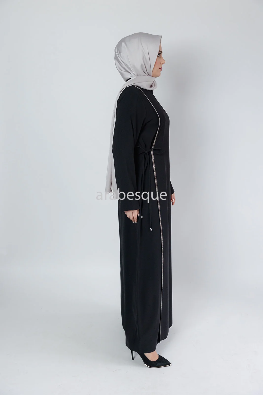 Black Double Abaya - Faux Closed Design With Diamante - Image 6