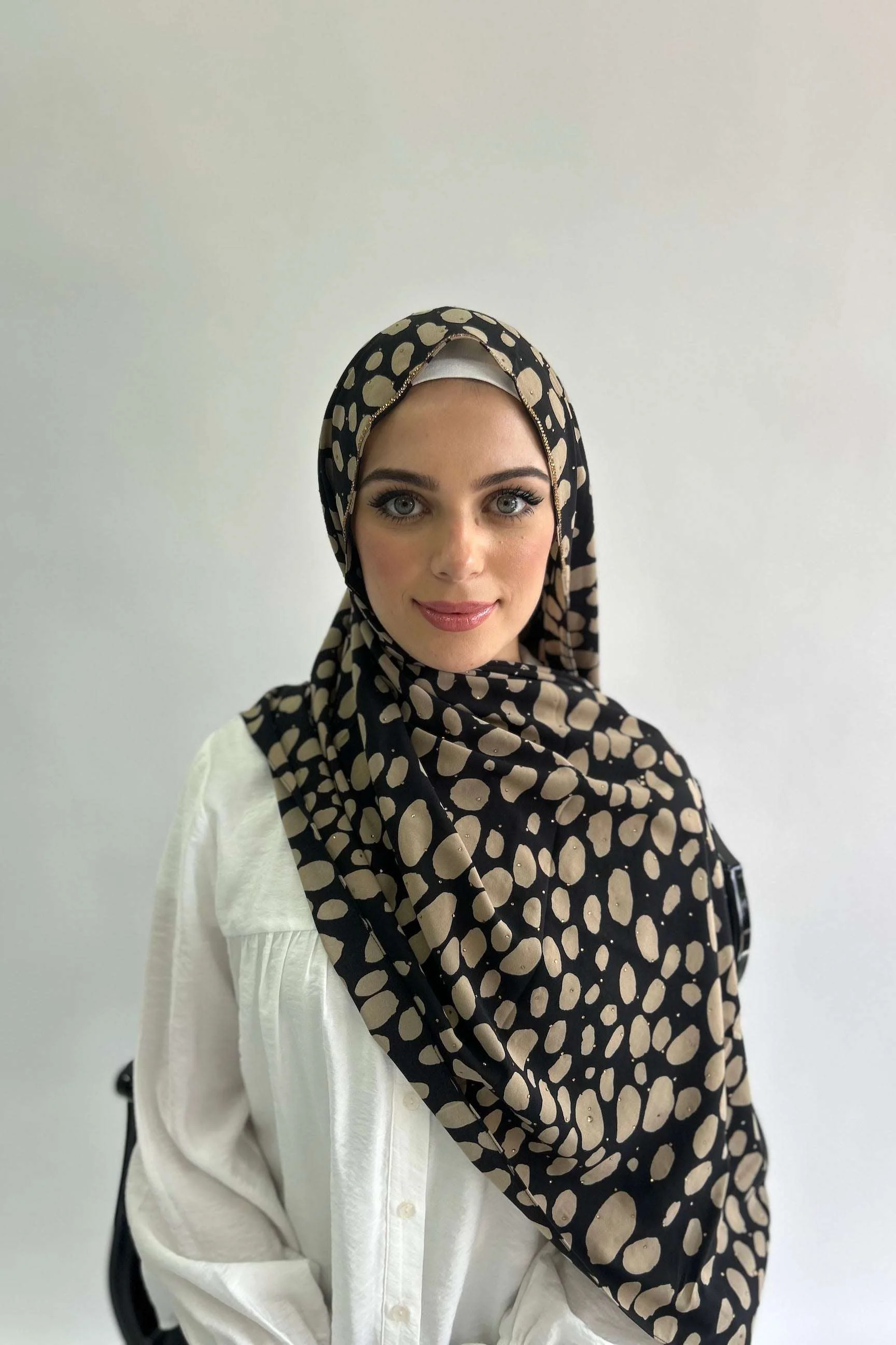 Sharif Spotted Luxury Print Diamante Chiffon Long Hijab - Image 2