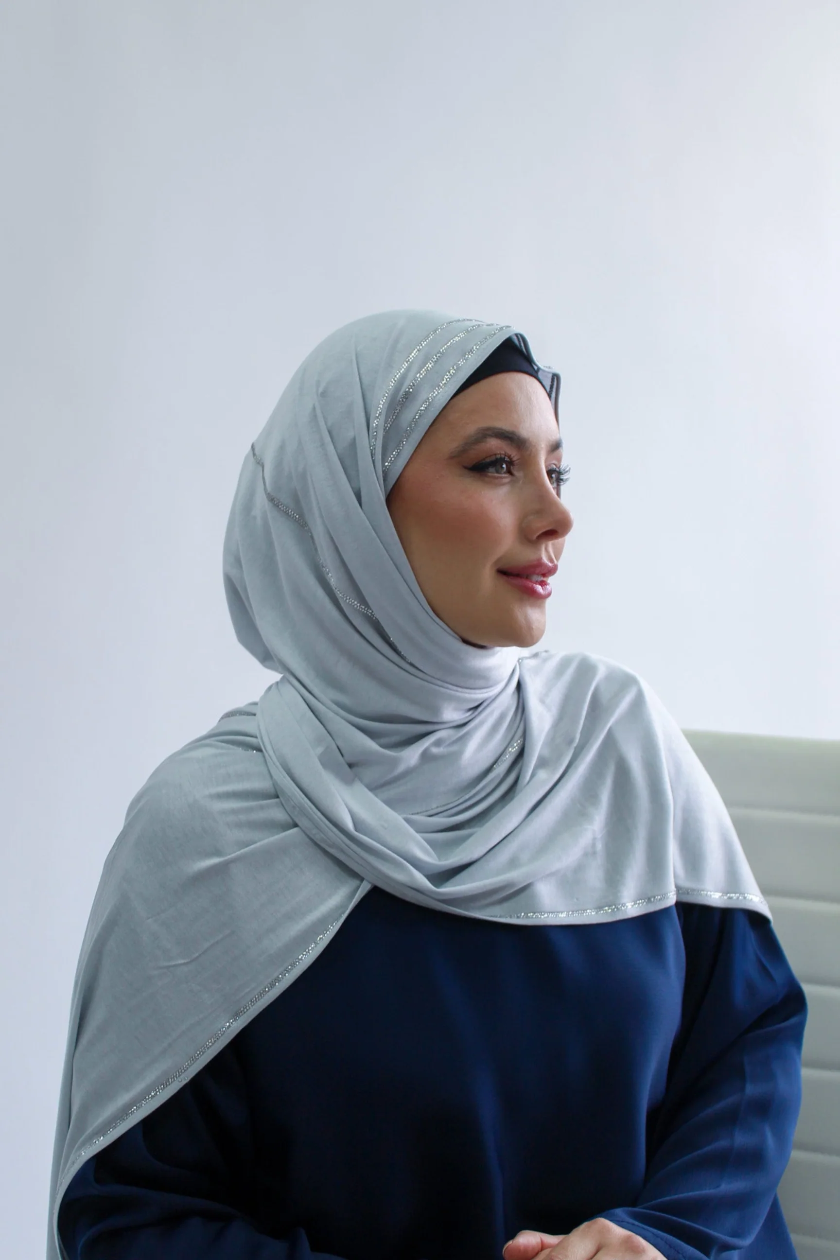 Sharif Triple Stripe Border Diamante Jersey Long Hijab - Image 2